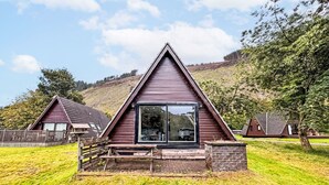 A triangular wooden cabin with a large glass door, surrounded by a grassy area and trees. - Stunning private villa for 6 people with WIFI, TV, terrace, pets allowed and panoramic view (Invergarry)