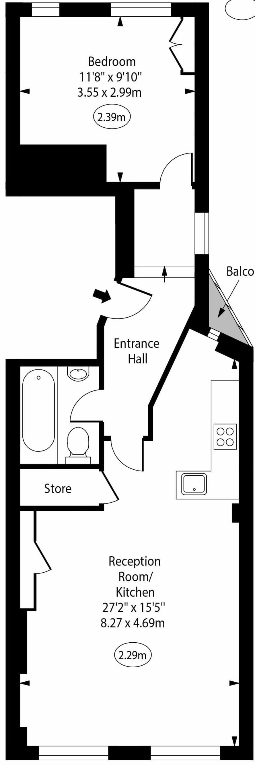 A floor plan with a bedroom, store, entrance hall, and reception kitchen.