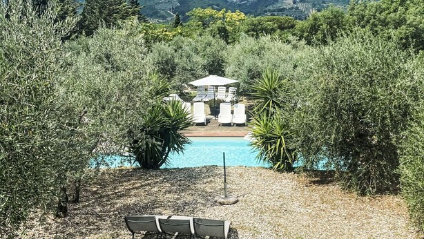Zona de piscina con sillones de descanso, rodeada de olivos y vistas a colinas distantes.