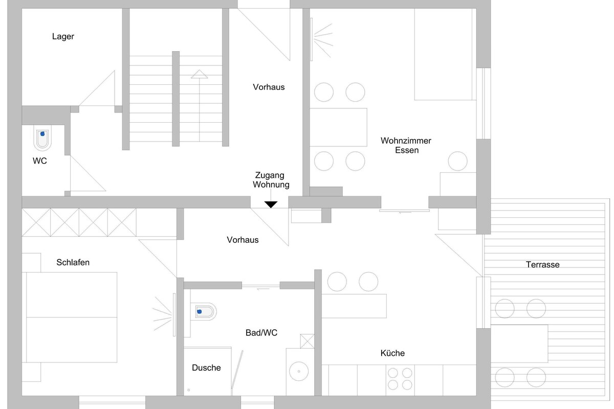 A hotel floor plan with labeled rooms including a lobby, bedrooms, a bathroom, and a terrace.