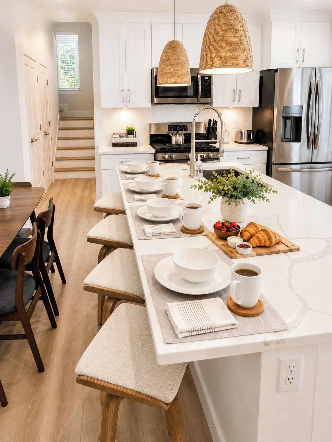 Una cocina moderna con armarios blancos, electrodomésticos de acero inoxidable y una isla central con asientos.