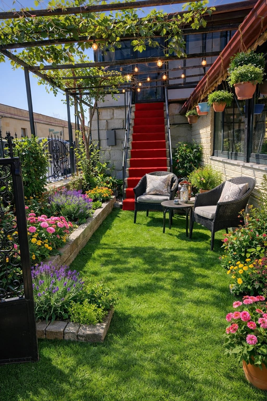 Un jardín cuidado con una escalera roja, mobiliario exterior e iluminación con luces colgantes.
