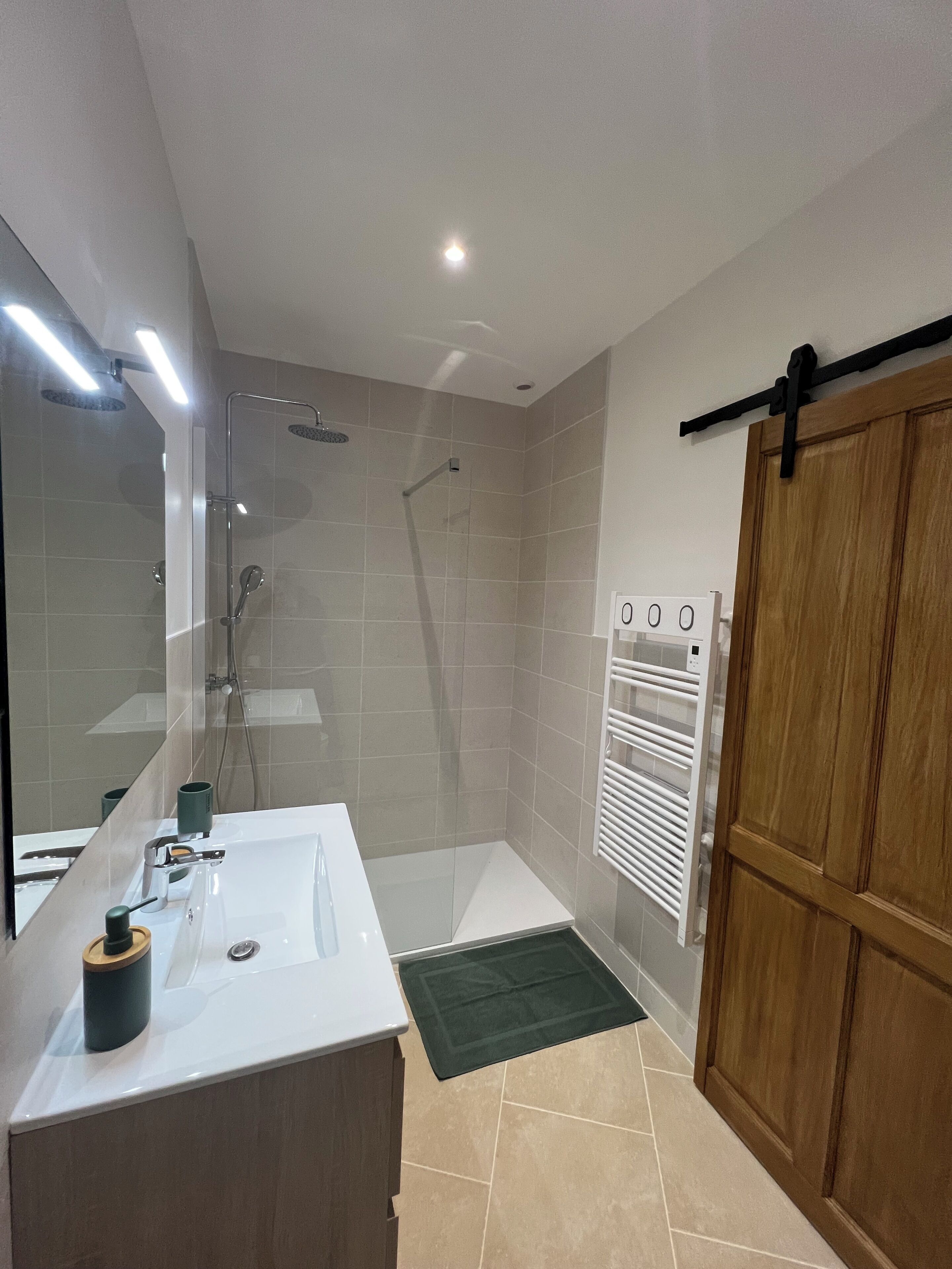 Une salle de bain moderne avec une douche à parois de verre, un lavabo blanc et une porte en bois.