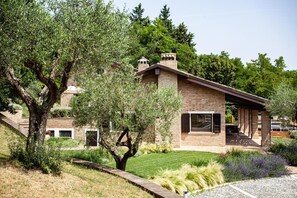 Une maison moderne en briques, dotée d’un patio couvert et entourée d’une végétation luxuriante et d’arbres.