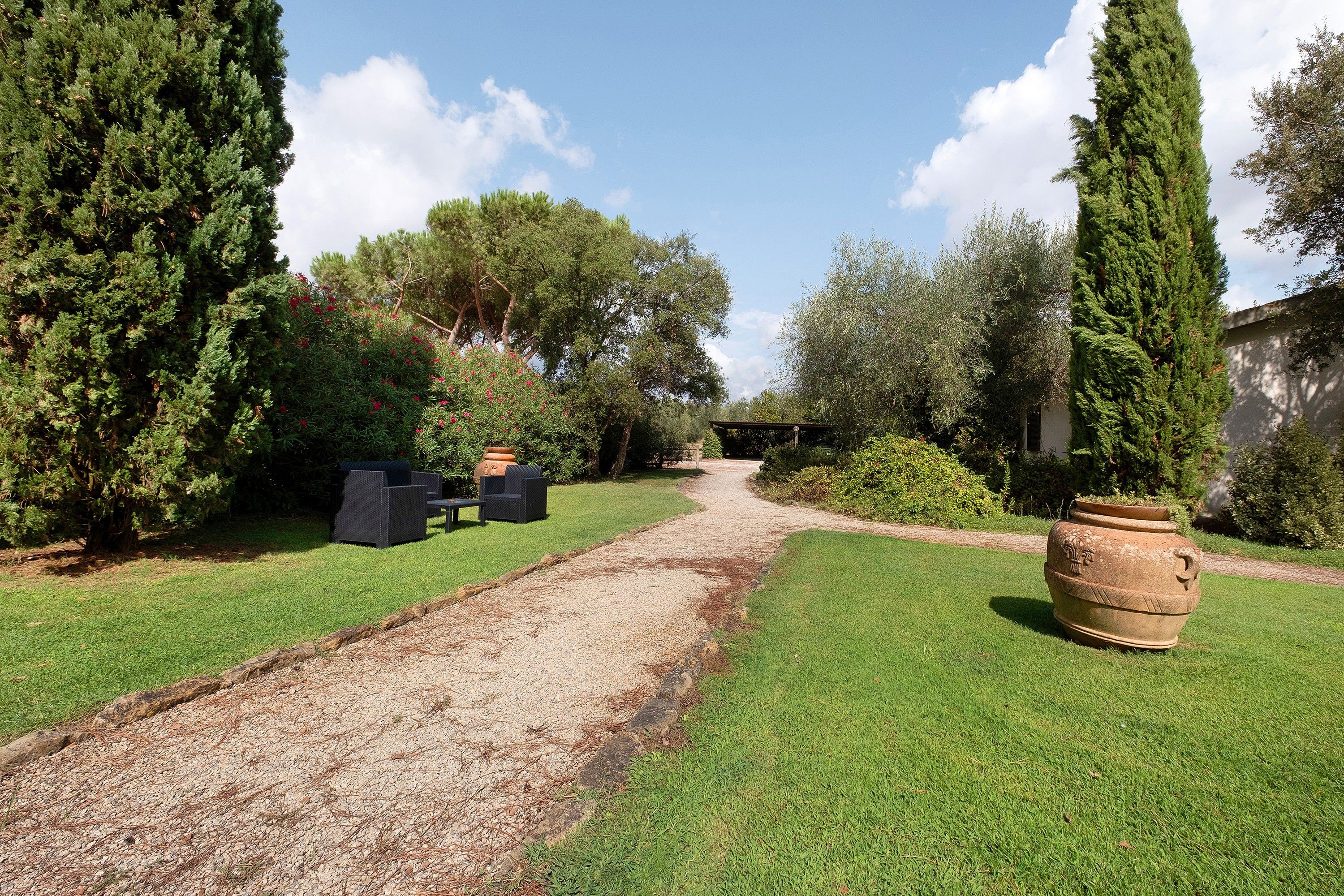 A gravel path leading through a well-maintained garden with various plants and a large terracotta pot.