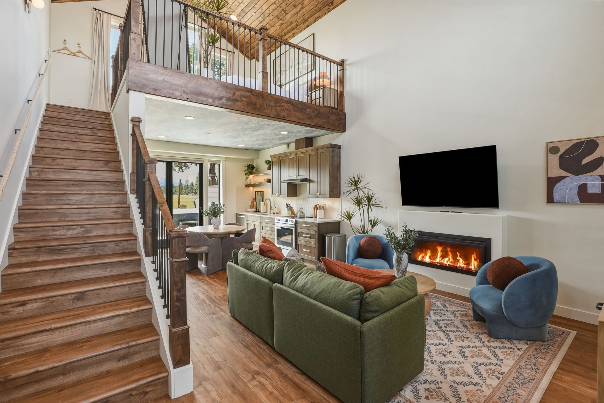 Smart TV, fireplace, books