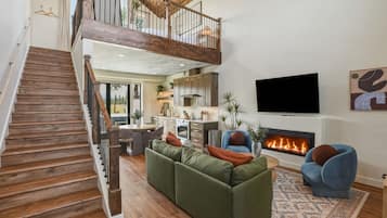 Smart TV, fireplace, books
