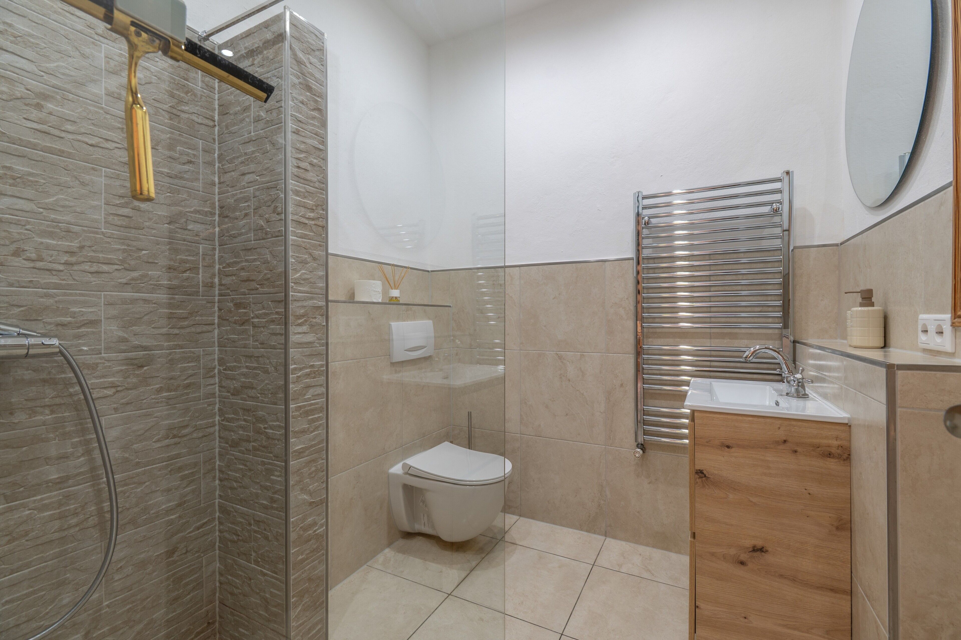 Shower, hair dryer, towels
