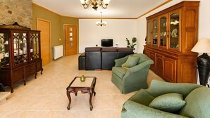 Ein Wohnzimmer mit Steinwand, einer Kristalllüster, einer Vitrine, einem Sofa, einem grünen Sessel und einem Couchtisch.