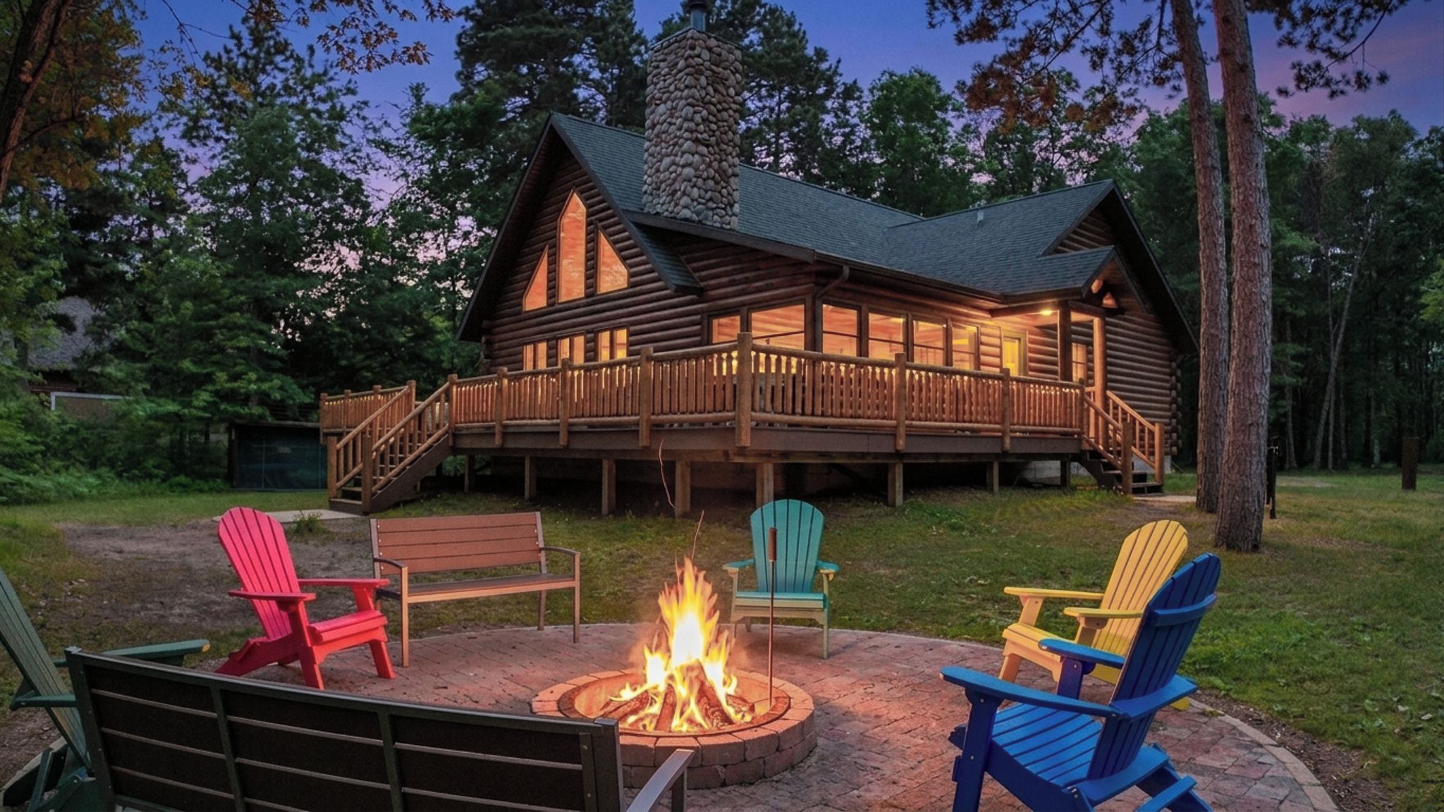 A log cabin with a deck, fire pit, and outdoor seating.