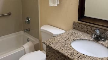 Combined shower/bathtub, hair dryer, towels, soap