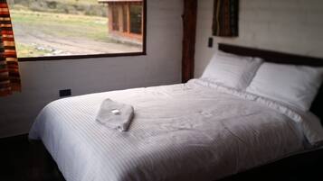 A bed with a white bedspread and pillows, a window with a view of the outdoors, and a curtain on the left.