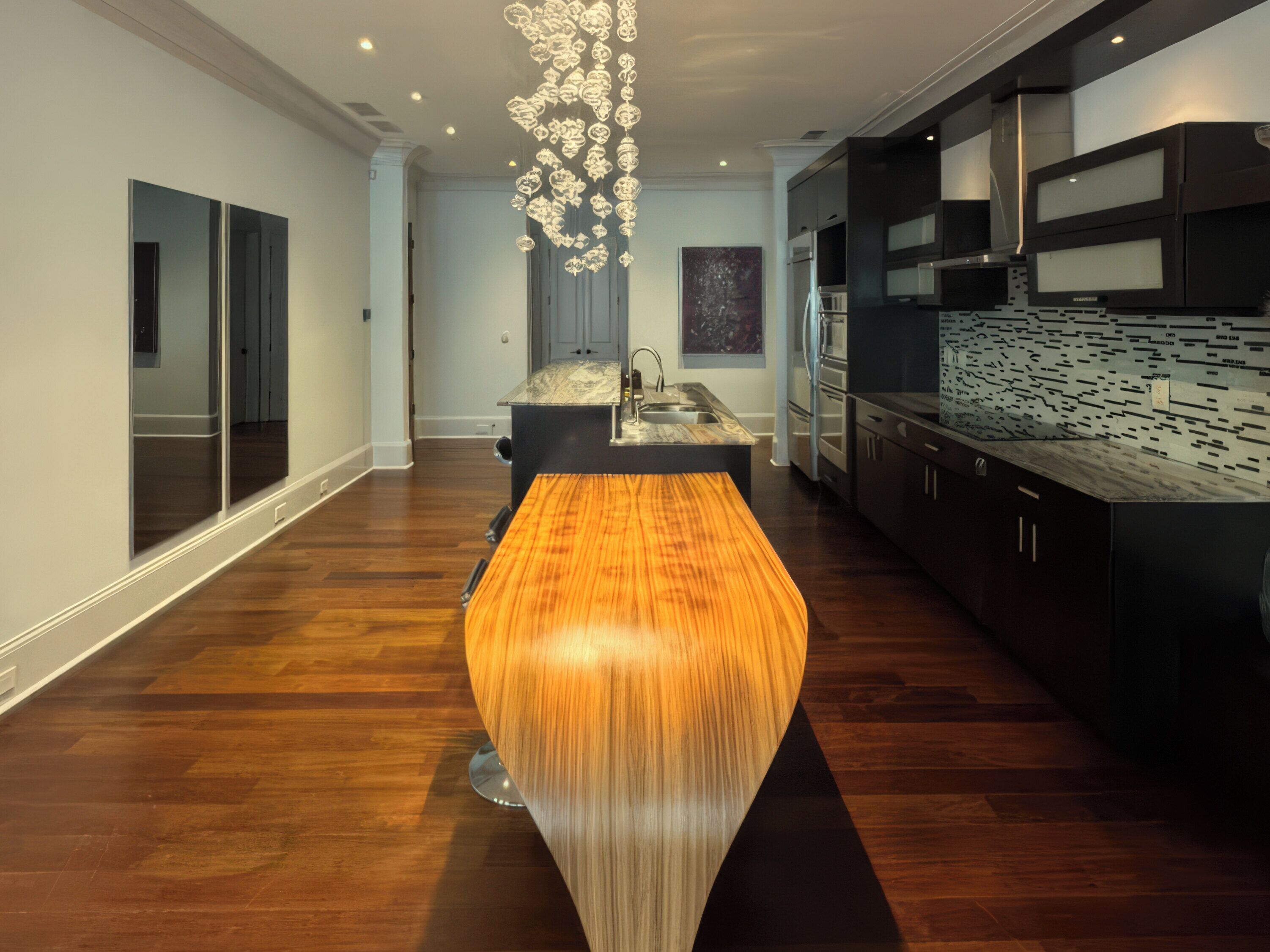 Une cuisine moderne dotée d’un îlot central, de meubles de couleur sombre et d’un luminaire décoratif.