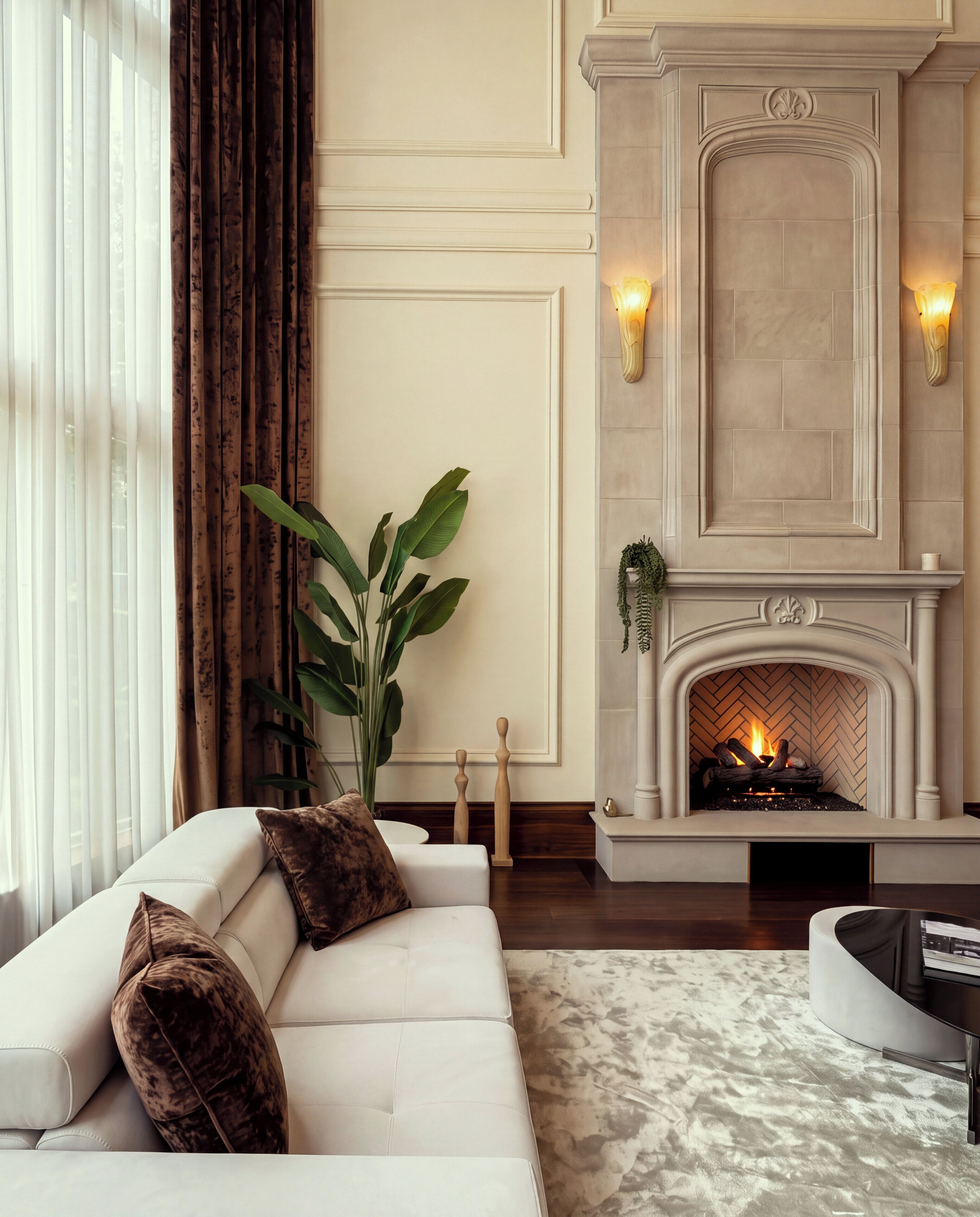A living room with a fireplace, a sofa with cushions, a potted plant, and a side table with a candle.