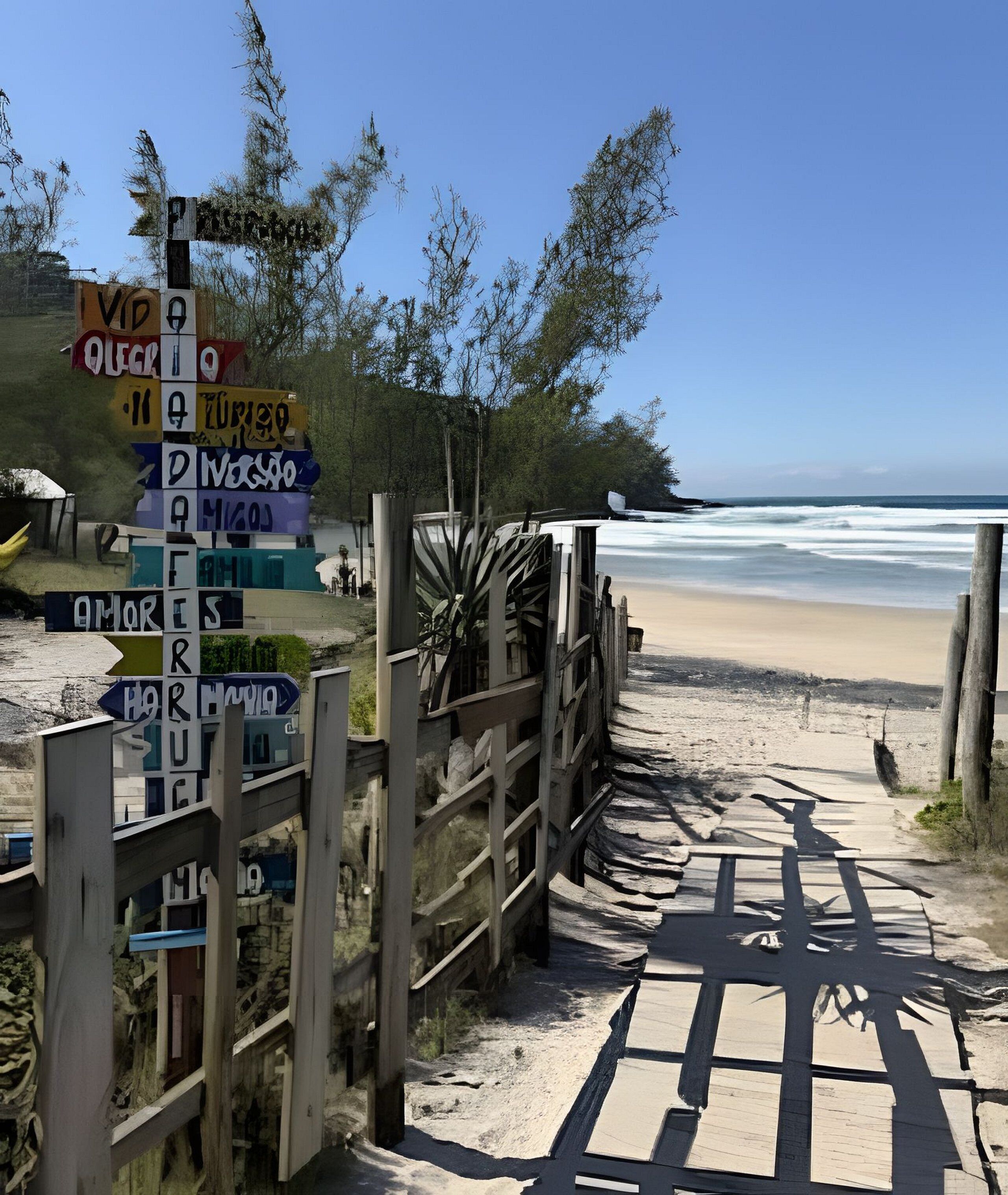 A beachside wooden boardwalk leading to a sandy beach with a signpost indicating directions to various locations.