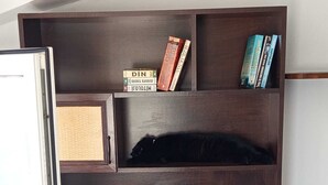 A dark wooden desk with a corkboard, a small Mickey Mouse figurine, and a laptop.