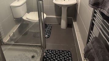 Hair dryer, towels, soap, toilet paper