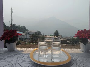 A table with a tray holding glasses of water, potted plants, and a view of a mountainous landscape.