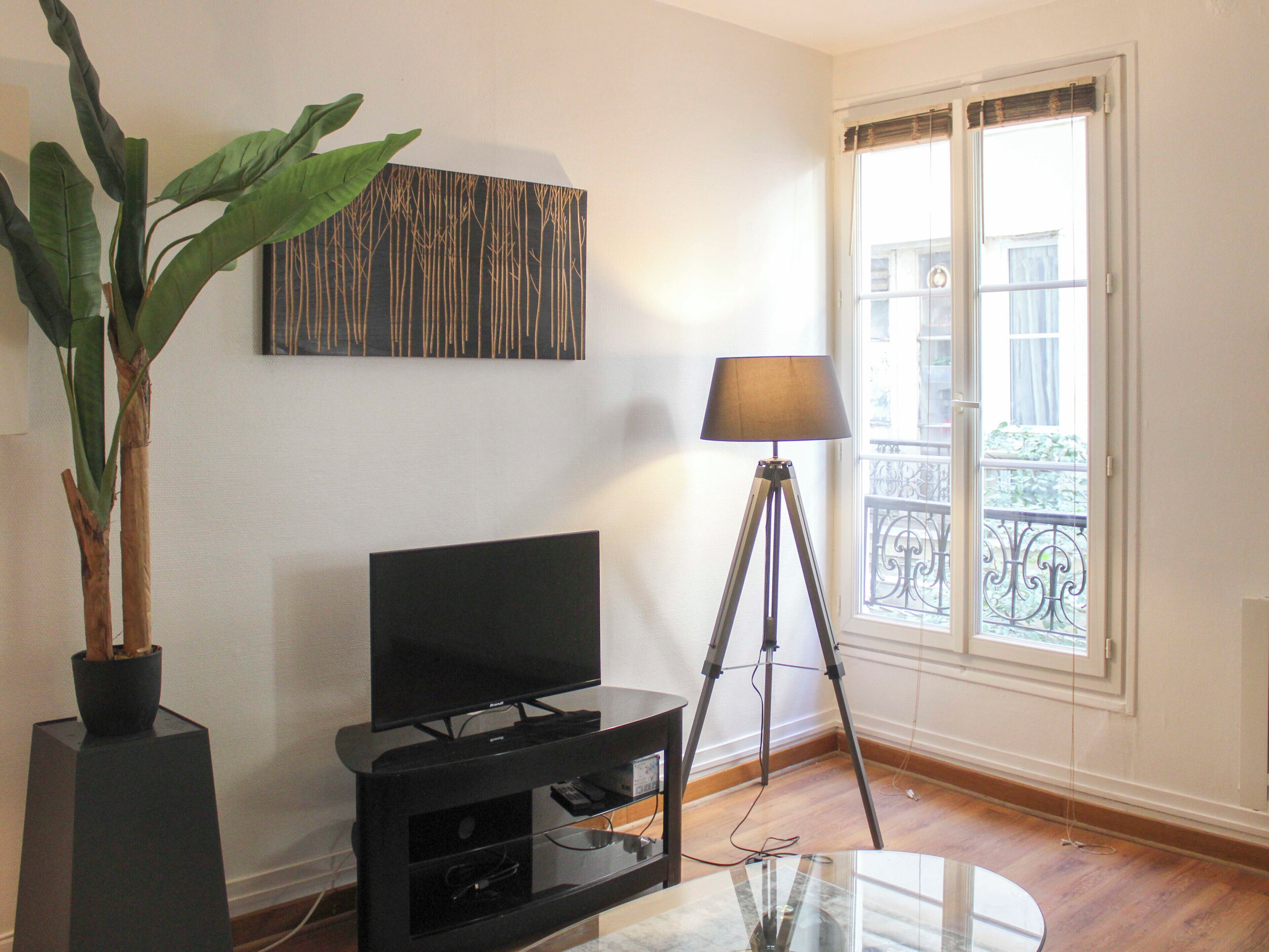 A living room with a flat-screen TV on a black stand, a floor lamp, a large potted plant, and a window with a view of buildings.