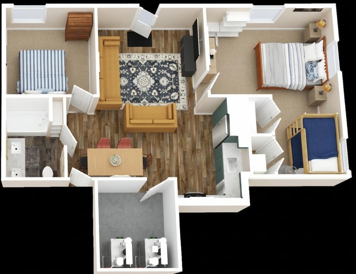 A floor plan of a hotel room with a bed, a desk, a chair, a sofa, and a bathroom.