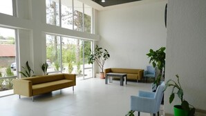 A spacious indoor area with large windows, a sofa, chairs, and potted plants. - Toma Palace (Khelvachauri)