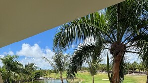 Uma varanda com vista para um campo de golfe, palmeiras e um céu claro.