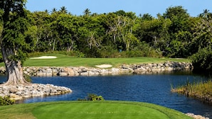 Um campo de golfe com lago, árvores e céu claro.
