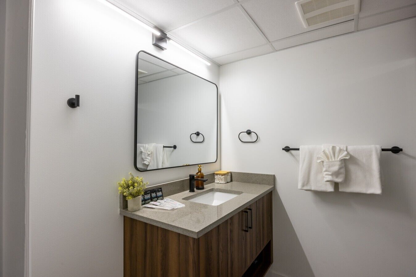 Une salle de bain moderne avec un meuble-lavabo en bois, un grand miroir et un porte-serviettes.