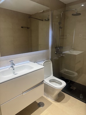 Un baño moderno con ducha de vidrio, un lavamanos blanco y un inodoro.