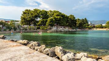 A coastal area with clear water, rocky shore, and trees.
