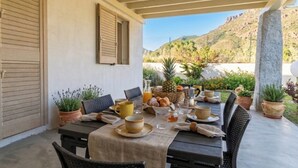 Zona d'esmorzar a l'aire lliure amb taula ben posada, rodejada de plantes en testos i vista a un paisatge de muntanya.