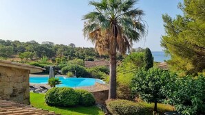 A swimming pool surrounded by lush greenery and a palm tree. - Villa Arasu - Private, gated estate 100 meters from the beach - Punta d'Araso (Zonza)