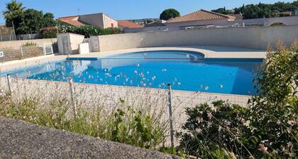 House in a gated community with a pool, tennis court, and playground.