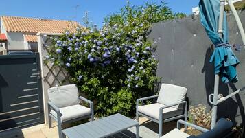 A patio with two chairs and a table, a blue flowering bush, and a grey wall.