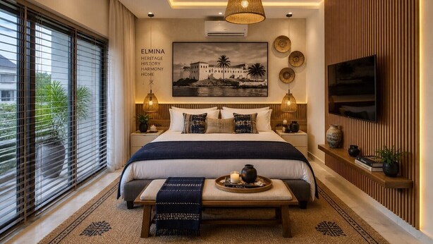 A modern bedroom with a large bed, bedside lamps, a mounted TV, and a cityscape painting. - AKOA Villa at THE HIDDEN DOMUS, Premium, Cozy and Spacious 4bed Villa (Accra)