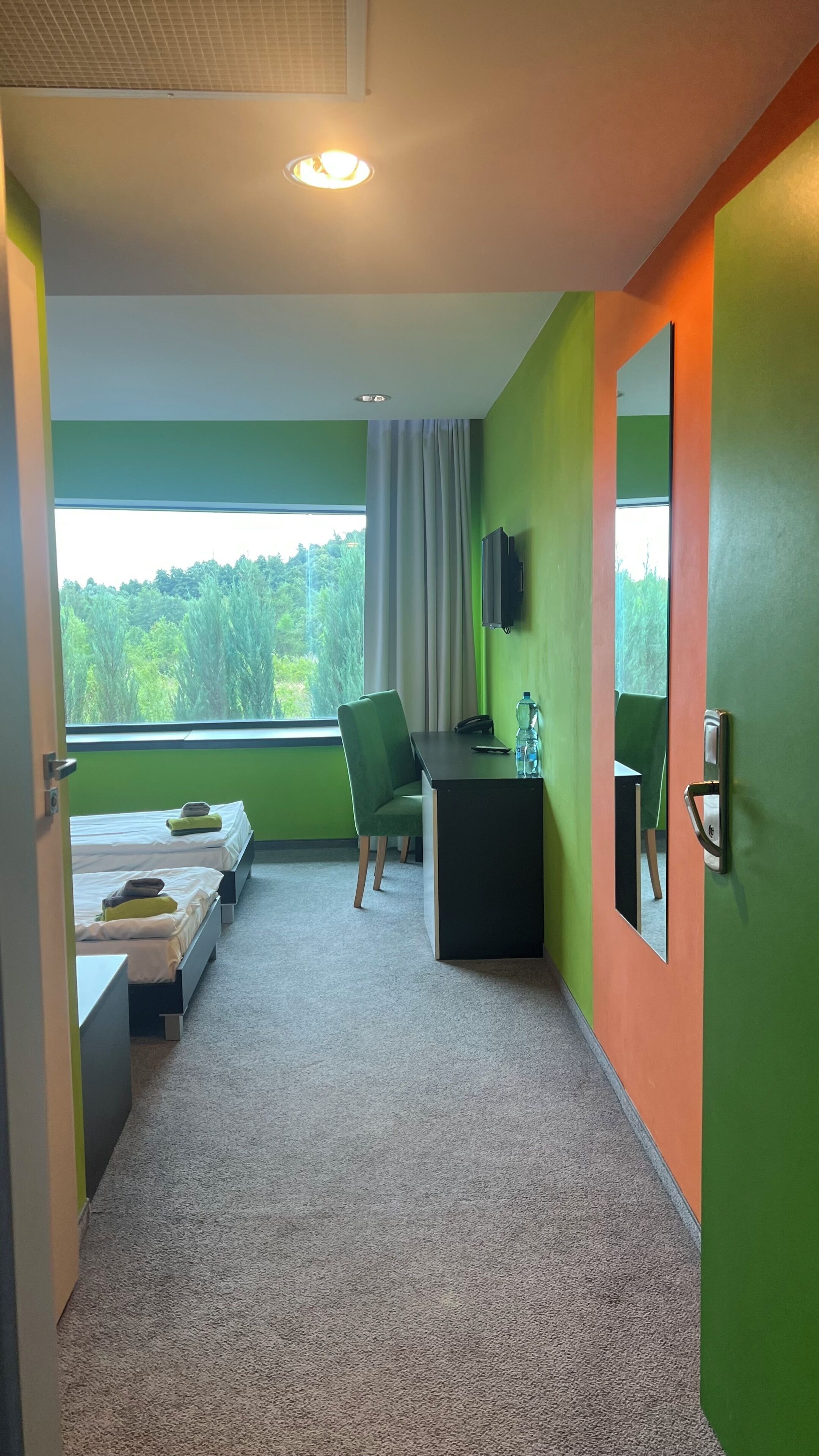 Habitación de hotel con cama, escritorio, silla, televisión y ventana con vista a árboles.