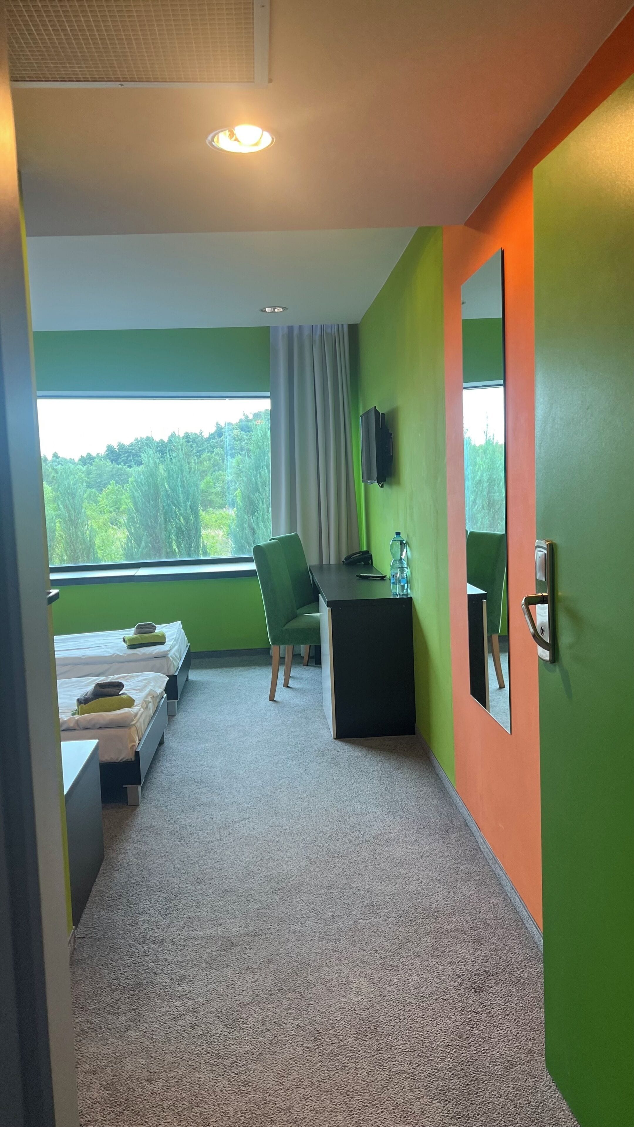 Ein Hotelzimmer mit Bett, Schreibtisch, Stuhl, Fernseher und Blick auf Grün.
