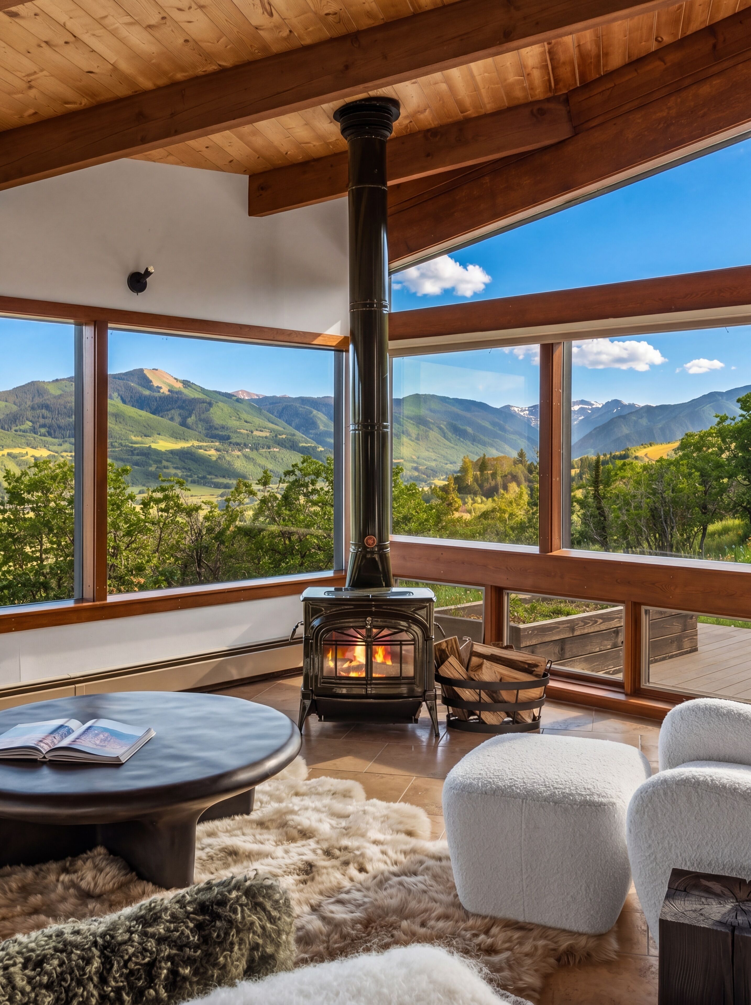 Una habitación con una chimenea grande, vigas de madera y vistas a la montaña.