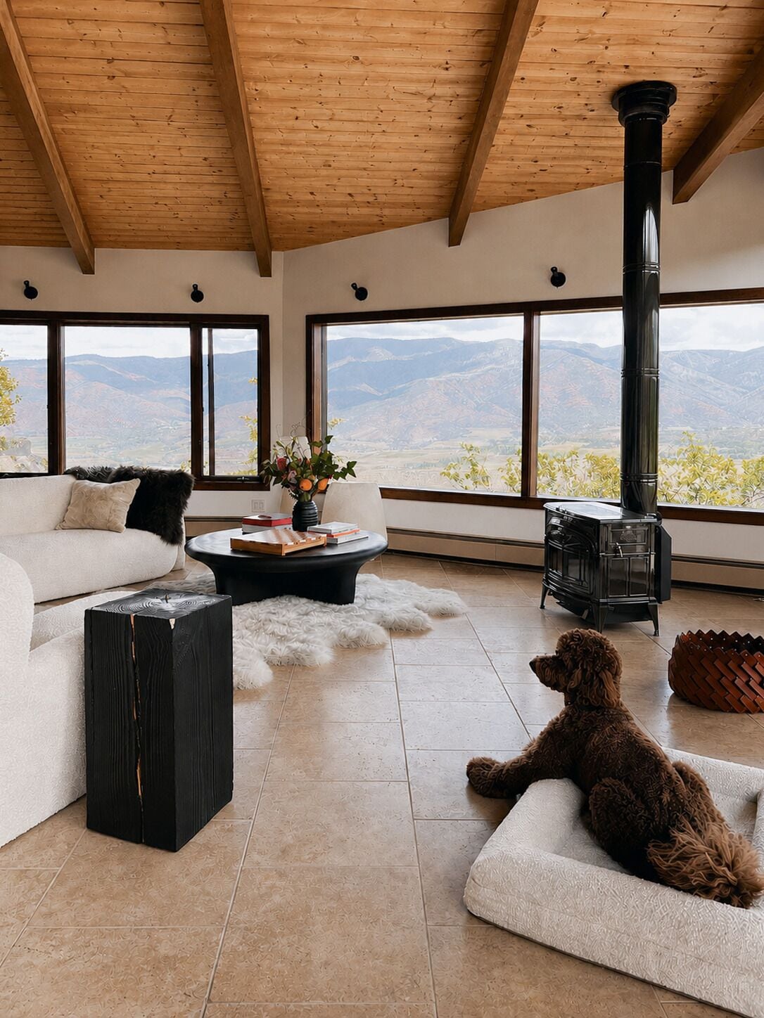 A modern living room with a large window, a fireplace, a sofa, a coffee table, and a dog.
