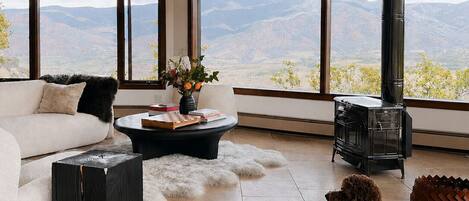 A modern living room with a large window, a fireplace, a sofa, a coffee table, and a dog.