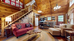 TV, fireplace - Creekfront Cottage, scenic views, dog-friendly, firepit, gas grill, gas fireplace (Weaverville)