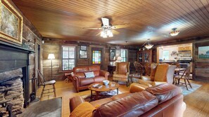 Living area - Luxury Farmhouse, creek, dog-friendly, gas fireplace, firepit, BBQ, cable, porch, swing (Weaverville)