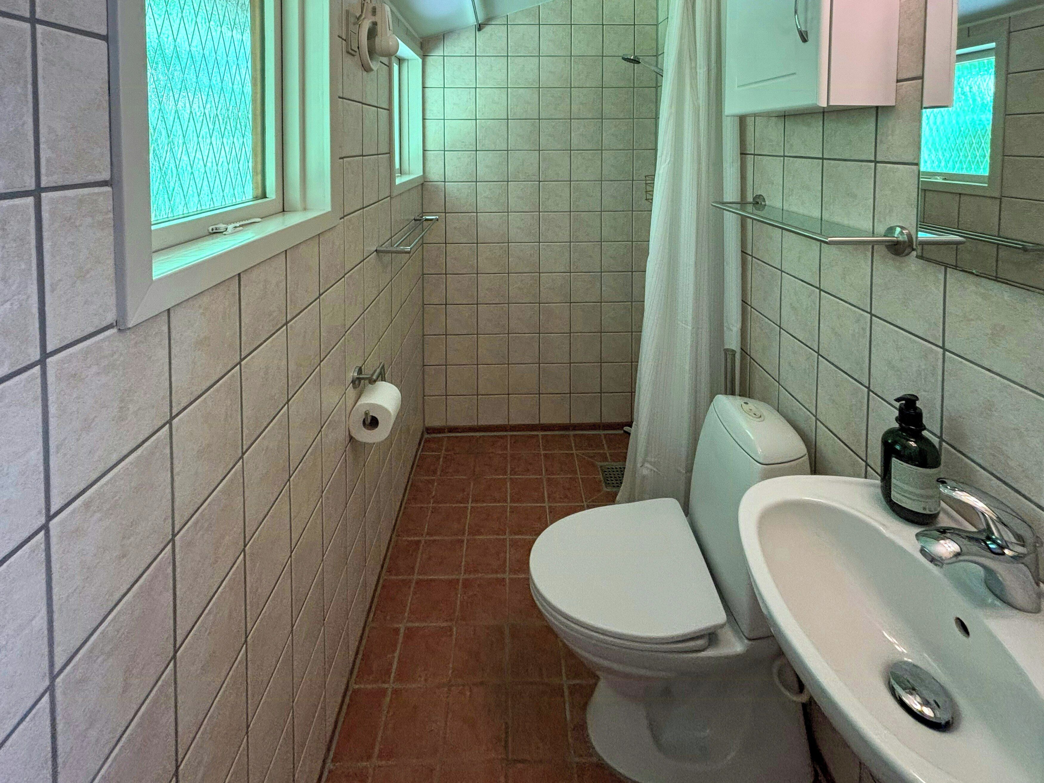 Une salle de bain avec des toilettes, un lavabo et une douche.