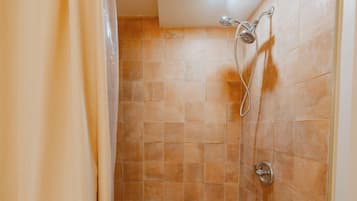 A shower with a handheld showerhead and a wall-mounted faucet.