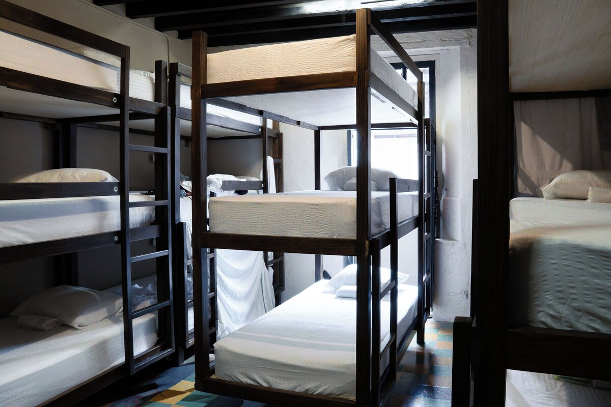 A bunk bed room with multiple beds and a window.