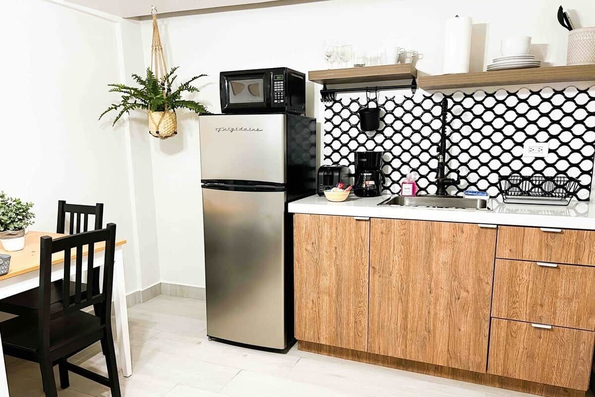 Una cucina compatta con un frigorifero in acciaio inossidabile, un forno a microonde, una macchina da caffè e una pianta pensile.