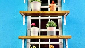 Una ventana con un estante de madera que sostiene plantas en macetas.
