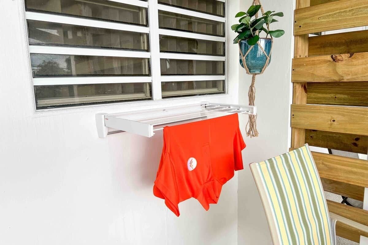 Una habitación con ventana, un tendedero, un cojín a rayas y una planta colgante.