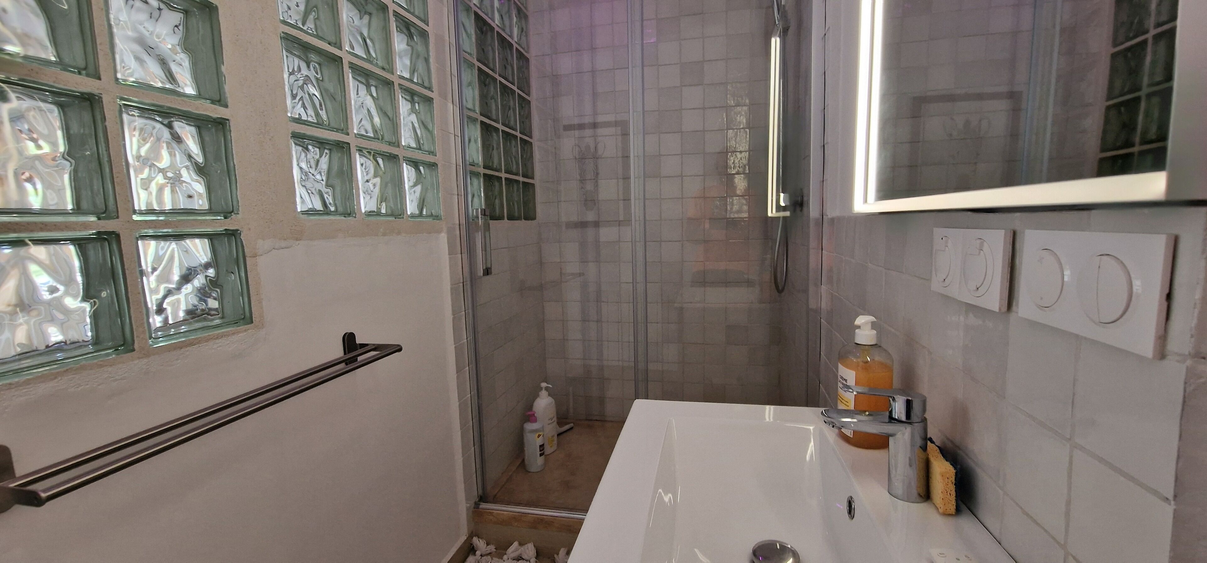 A bathroom with a shower, a sink, and a glass door with frosted glass panels.