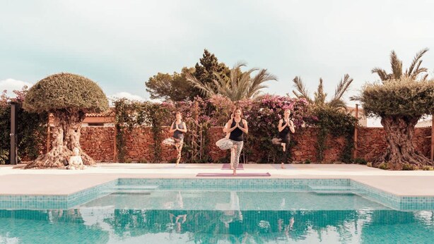 A swimming pool with a stone wall and trees in the background. - Fully Staffed Seafront Villa Private Sommelier (Teulada)